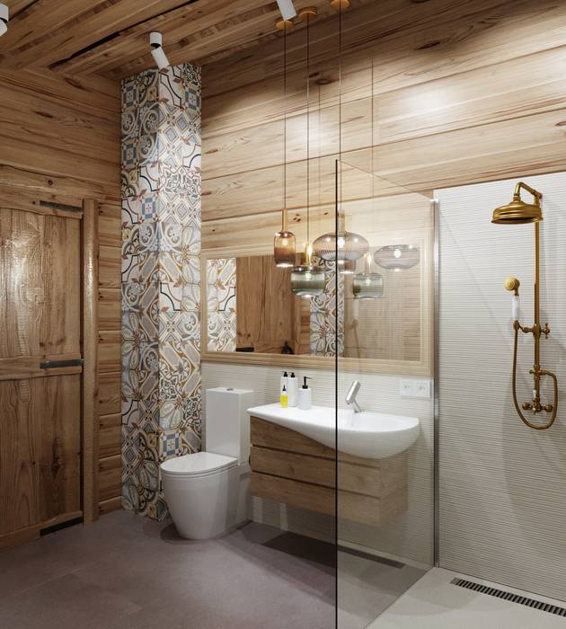 Деревянный дом на Новой Риге, Anastasia Yakovleva design studio Anastasia Yakovleva design studio Modern Bathroom Wood Wood effect
