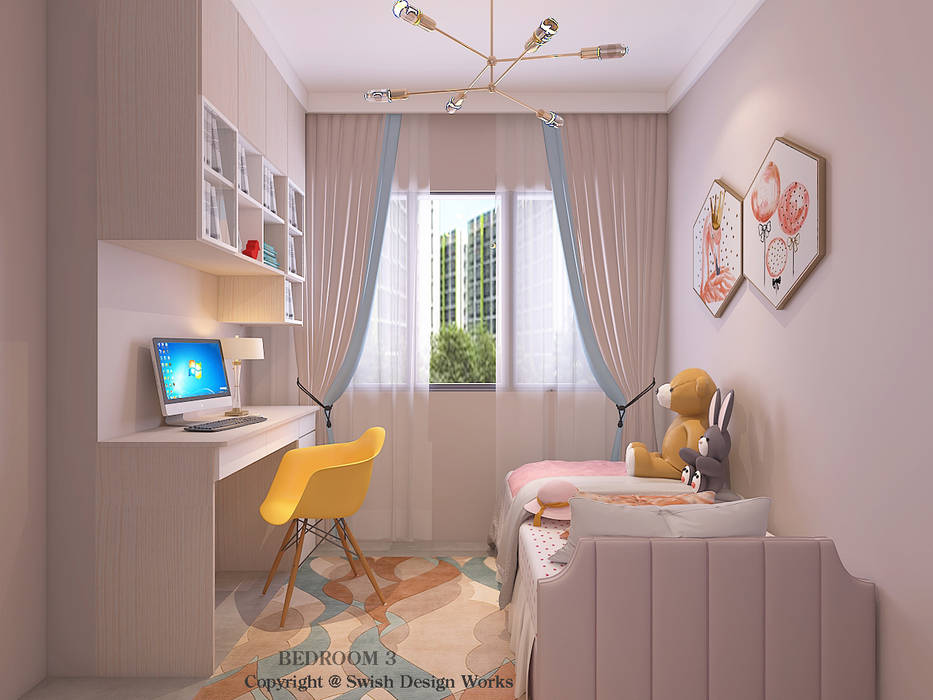 Daughter's bedroom Swish Design Works Small bedroom Plywood pink,bedroom,study,feminine,book shelves,bto,hdb