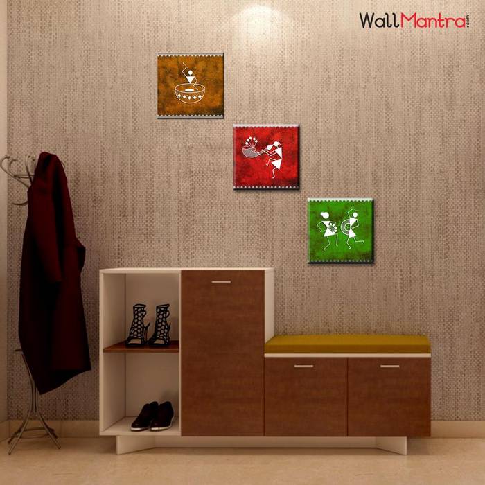 WARLI FOLK ART PAINTING WALL HANGING, SET OF 3 PIECES WallMantra Classic style corridor, hallway and stairs MDF