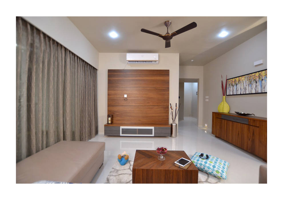 2BHK Gaurav and Seema | Balewadi, Pune | 2017, Nikhil Kanthe Nikhil Kanthe Minimalist living room Building,Cabinetry,Property,Furniture,Ceiling fan,Window,Wood,Interior design,Table,Fixture