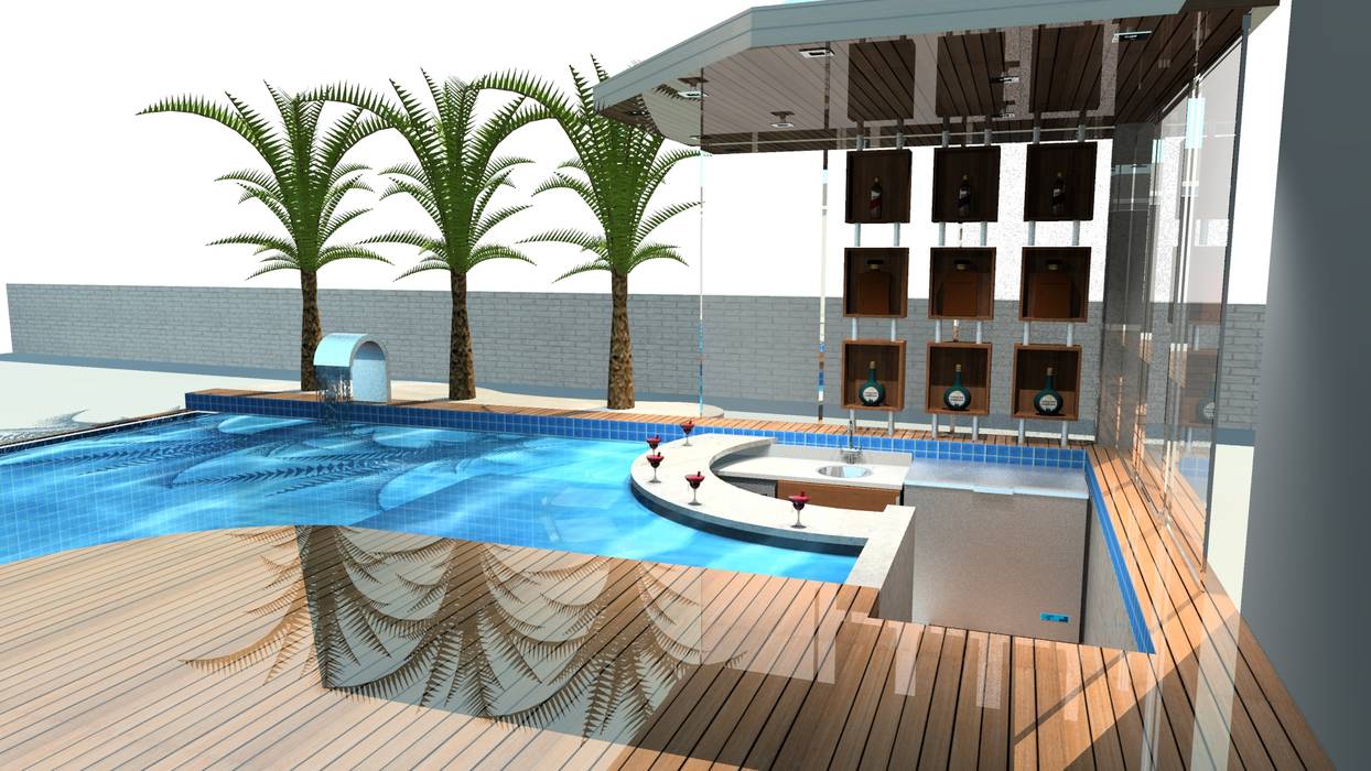 Vista Piscina Pool Bar com Palmeiras Imperiais. homify Piscinas infinitas Azulejo