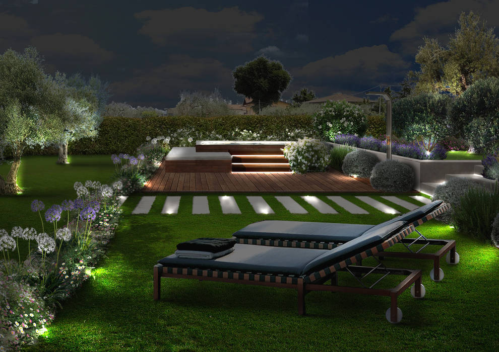 Il giardino con idromassaggio di notte Verde Progetto - Adriana Pedrotti Garden Designer Laghetto da giardino giaridno,progetto giardino id