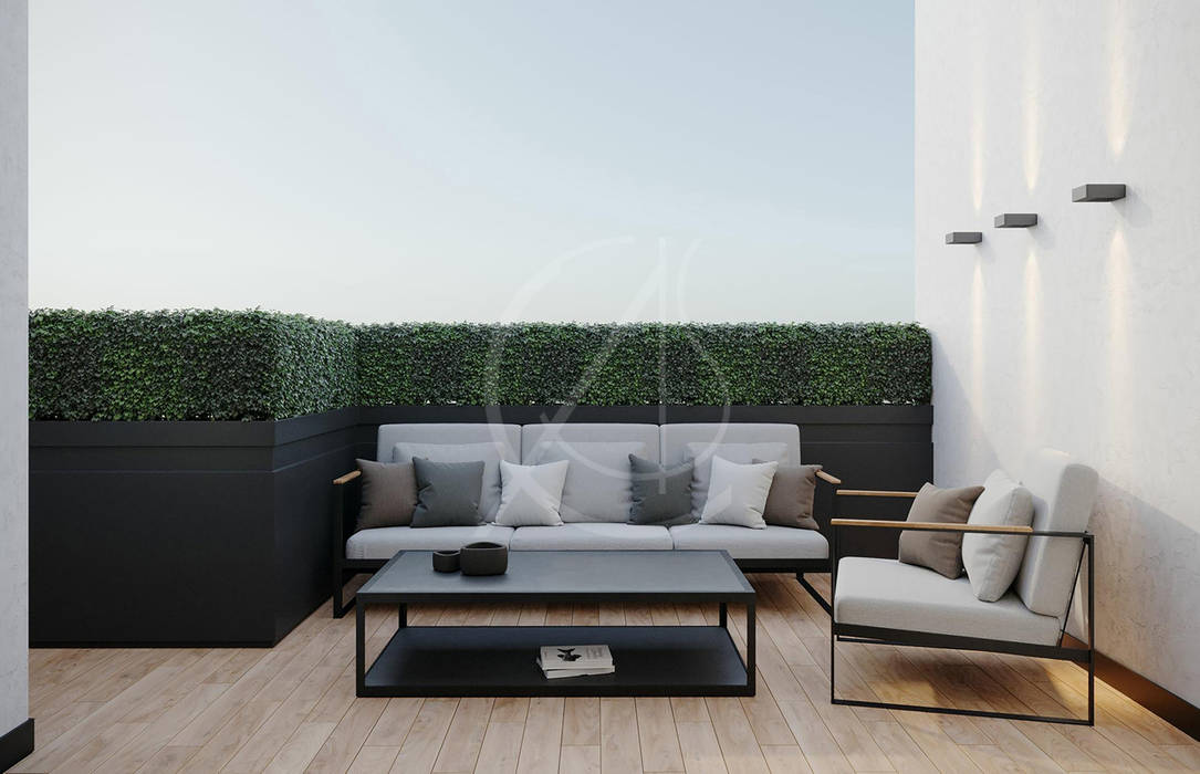 homify Balcony small apartment,apartment design,apartment interior,balcony design,outdoor seating,terrace design,terrace seating,renovation,black planters,outdoor living