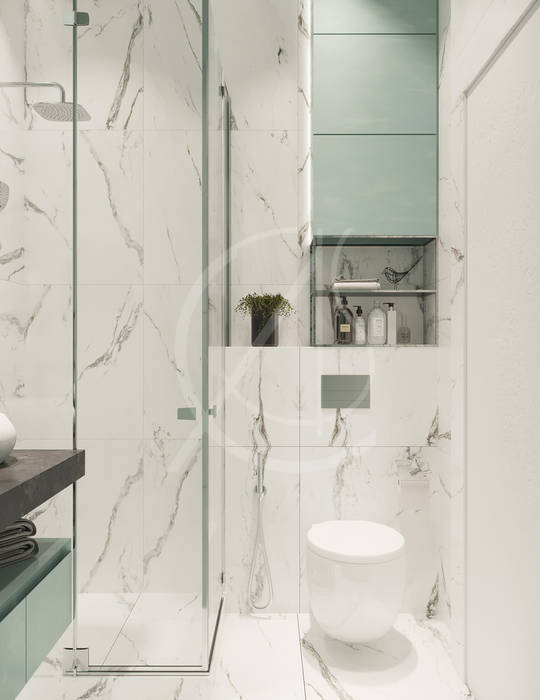 homify Modern bathroom Marble small apartment,apartment interior,apartment design,carrara marble,small bathroom,bathroom interior,bathroom design,walk-in shower