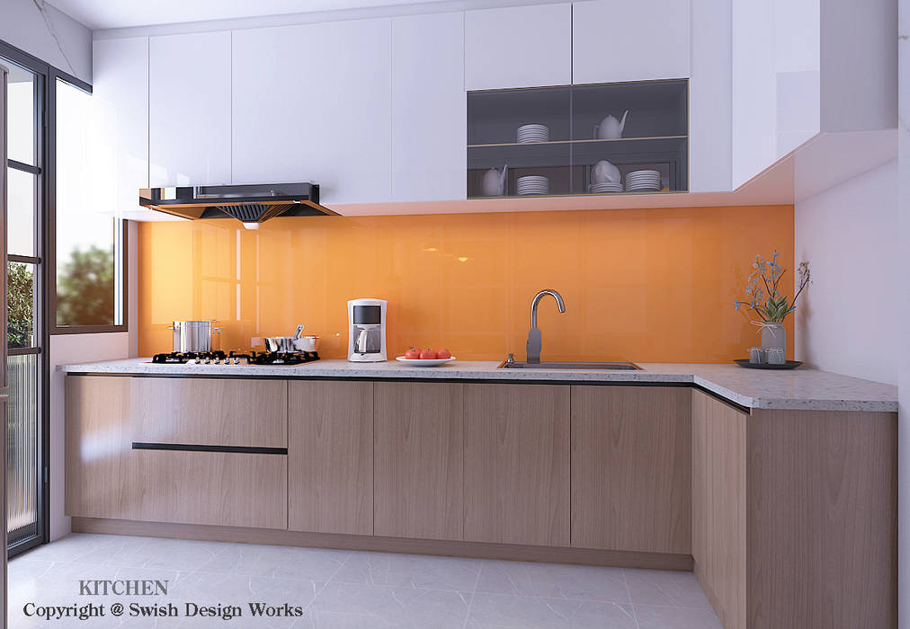 Kitchen cabinets Swish Design Works Built-in kitchens Plywood kitchen,cabinets,backsplash,orange,laminate,tempered glass,hdb,bto