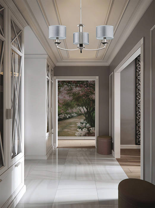 Grey hallway with Versace chandelier decorated by Swarovski Crystals Luxury Chandelier LTD Classic style corridor, hallway and stairs Copper/Bronze/Brass grey chandelier,silver lamps,grey hallway,home inspiration,versace decor,london,lighting