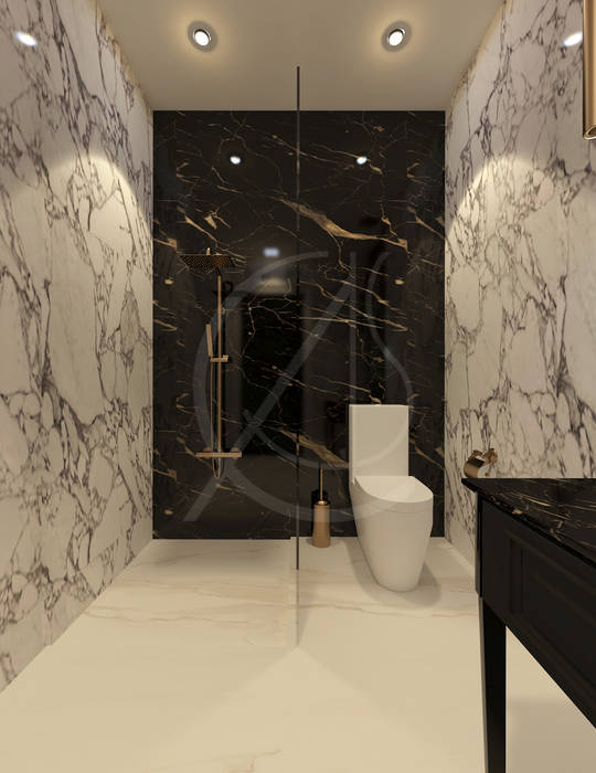 homify Kamar Mandi Gaya Kolonial georgian house,georgian mansion,bathroom design,black and white,walk-in shower,marble walls,carrara marble