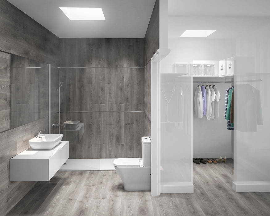 Baño y vestidor de suite. ARQUIJOVEN SLP Baños de estilo moderno Cerámico baño en suite,vestidor,blanco y gris,imitación madera,diseño interior,claraboya