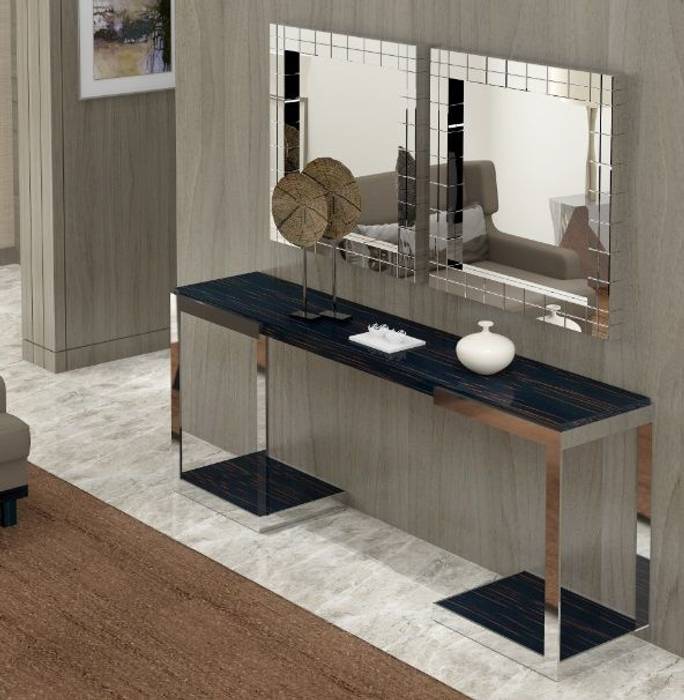 Consola em inox e madeira Stainless steel and wood console MUT , Intense mobiliário e interiores Intense mobiliário e interiores Couloir, entrée, escaliers modernes Commodes & étagères