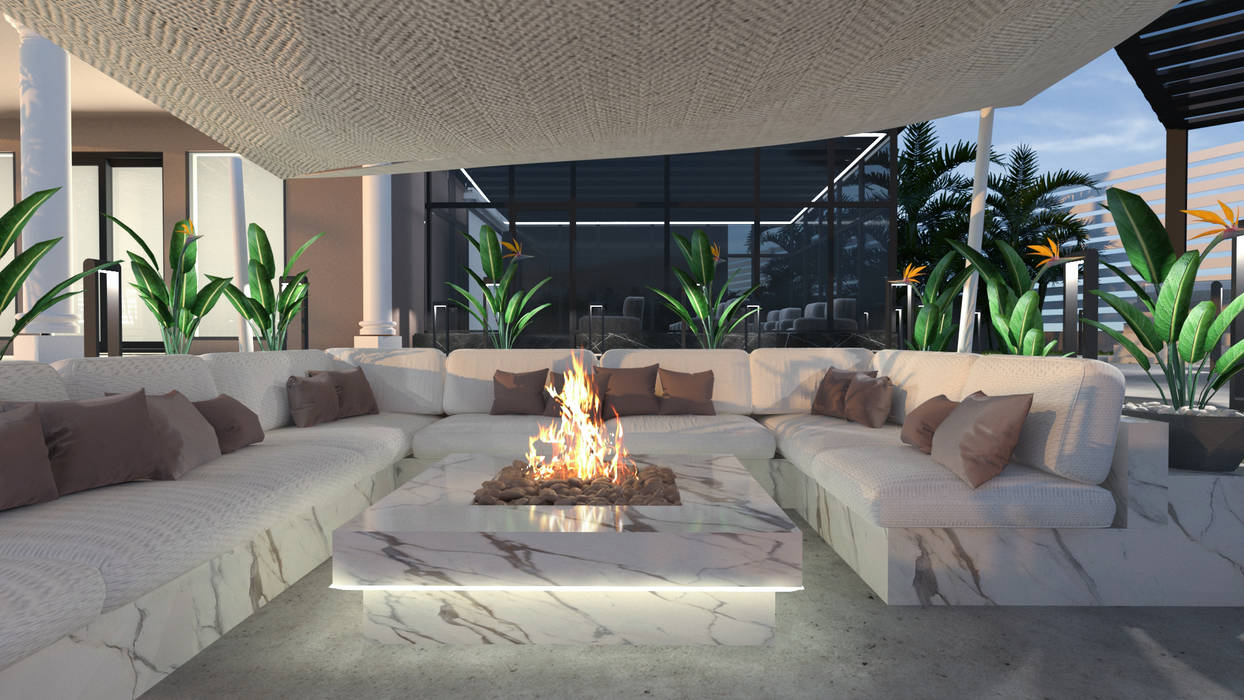 outdoor fireplace seating area Saif Mourad Creations حديقة