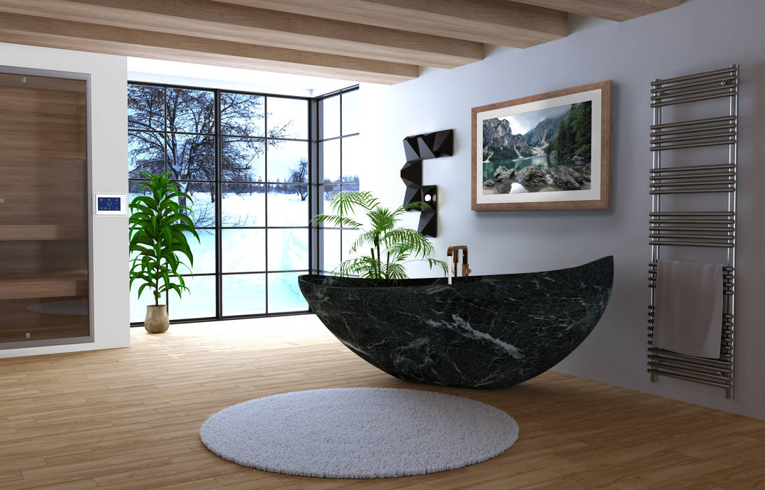 BATHROOM RESTYLING SORAGA, DESIGN107 DESIGN107 Bagno moderno vasca,marmo,nero,sauna,legno,modellazione,casa modulare,rendering