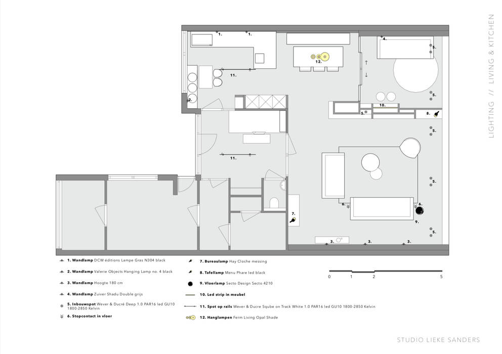 Lichtplan woonkamer & keuken voor verbouwing jaren '70 woning Bilthoven Studio Lieke Sanders Minimalistische woonkamers