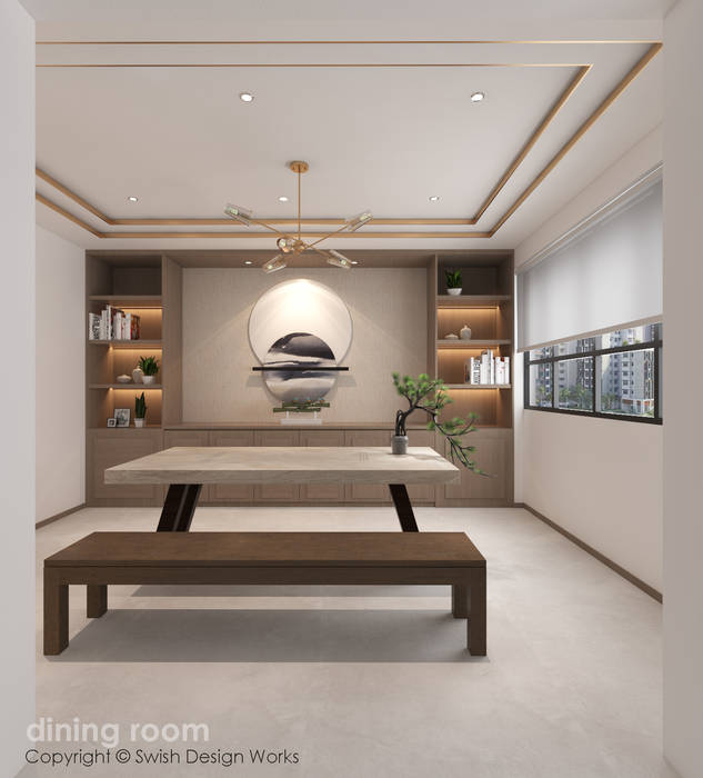 Dining area Swish Design Works Modern dining room dining,table,asian,japanese,style,woodgrain,bench