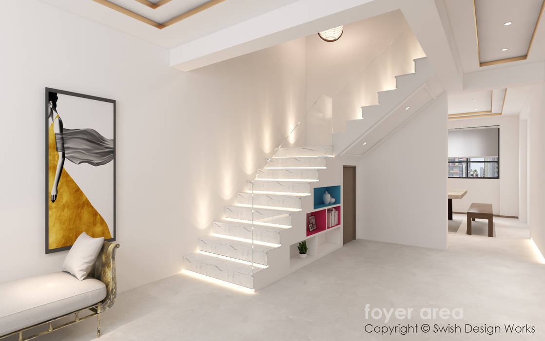 Staircase Swish Design Works Stairs staircase,storage,covelight,glass,railings,white,clean,minimalist