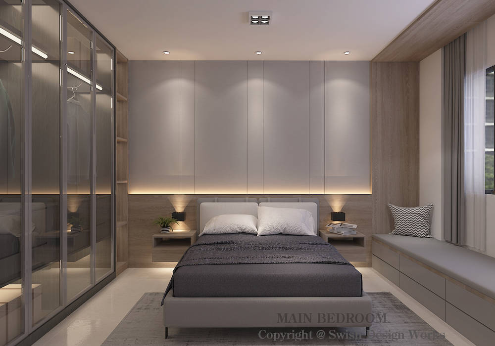 Master bedroom Swish Design Works Modern style bedroom Plywood bedroom,wardrobe,glass,grey,bedside,settee,cushion,cosy