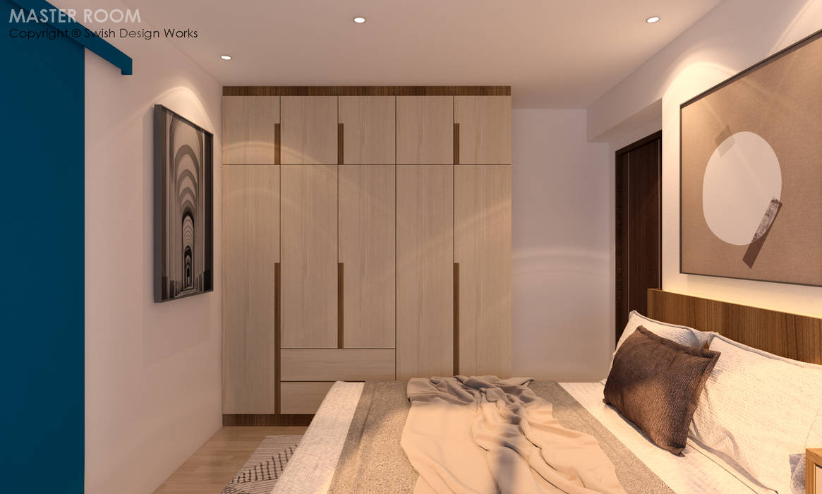 Bedroom wardrobe Swish Design Works Small bedroom Plywood bedroom,wardrobe,casement,woodgrain,bed