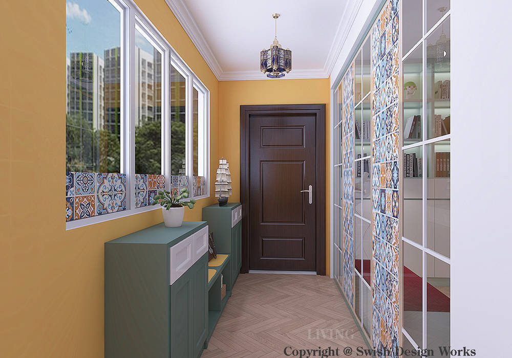 Entrance Swish Design Works Modern corridor, hallway & stairs corridor,bright,yellow,cheerful,green,patterns,colourful