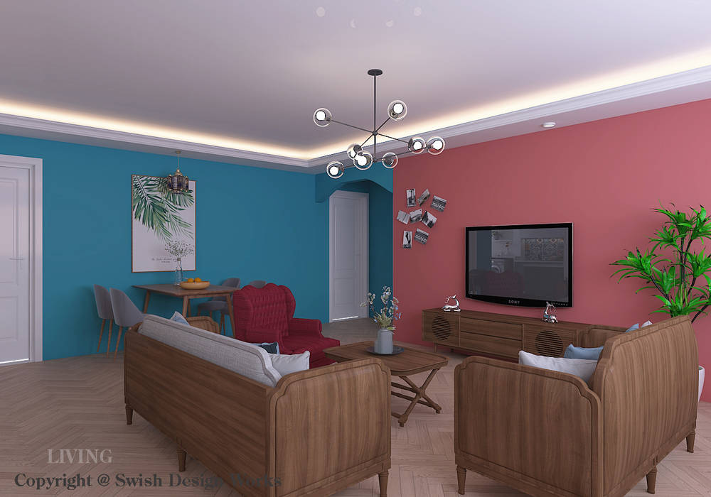 Living room Swish Design Works Modern living room living,colour block,bold,colourful,Lbox,covelight,pendant light,woodgrain