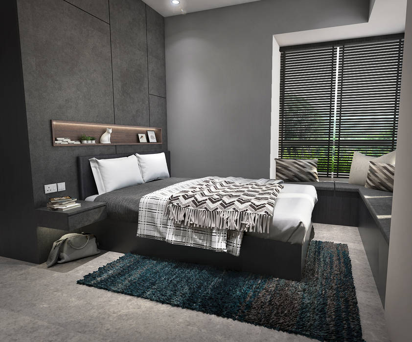 Master bedroom Swish Design Works Small bedroom Plywood bedroom,grey,black,dark,bed,settee,carpet,display,compartment,bto,hdb