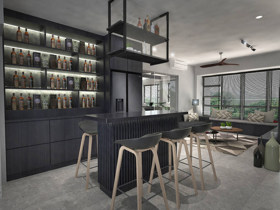 Dining area Swish Design Works Industrial style dining room Plywood dining,bar,wine,high table,display,cabinet,wine rack,masculine,dark,black,grey,industrial