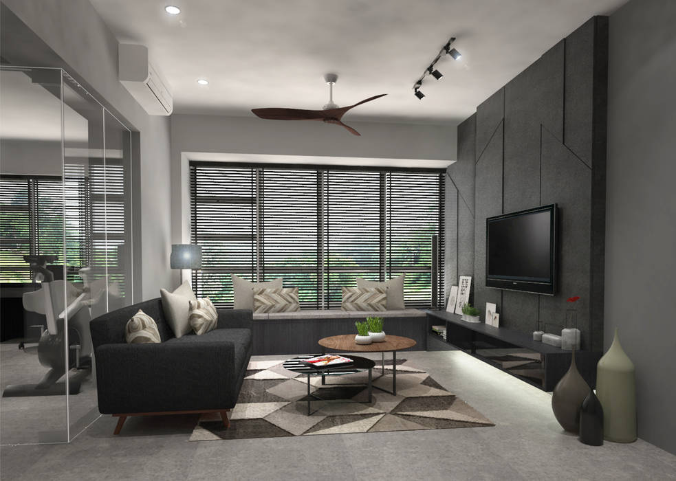 Living room Swish Design Works Industrial style living room Plywood living room,black,dark,grey,feature wall,sofa,carpet,blinds,masculine,bto,flat,hdb