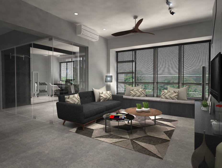 Living room Swish Design Works Industrial style living room Plywood living room,gym,study,sofa,black,grey,industrial,window,blinds,carpet