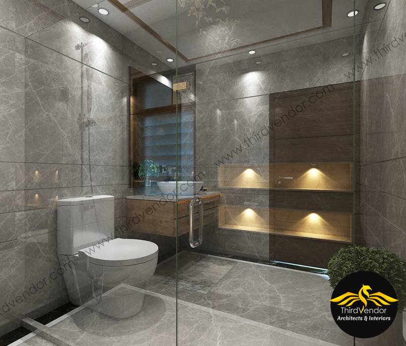 Toilet ThirdVendor - Architects & Interiors Modern bathroom Tiles Tap,Mirror,Plumbing fixture,Sink,Building,Interior design,Bathroom,Flooring,Floor,Tile flooring