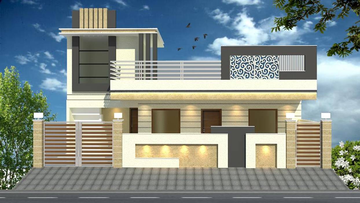 Exterior/ Elevation for a (Ground+3) Residence Floor. Stilt Paring. Materials used HPL, Wooden Look Tile, Granite, SS & HPL Door, Outdoor Light & Grey Exterior Texture, Asri Interiors Asri Interiors Ruang Komersial Ruang Komersial