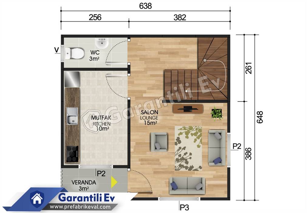 Kaş Dubleks Prefabrik Ev 82 m2, Prefabrik Prefabrik Espacios comerciales Pizarra Hospitales