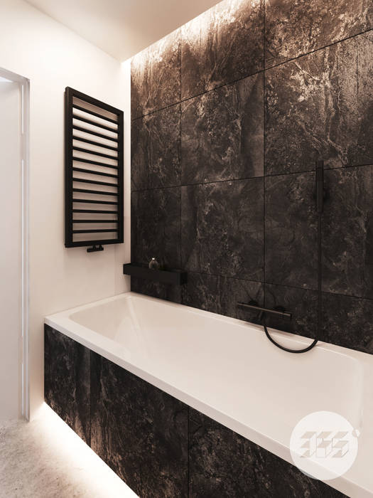 Minimalistyczny projekt utrzymany w lekkim klimacie industrialnym. 365 Stopni Minimalistyczna łazienka bathroom,bathtube,wanna,minimal,black,white,b&w,minimalizm