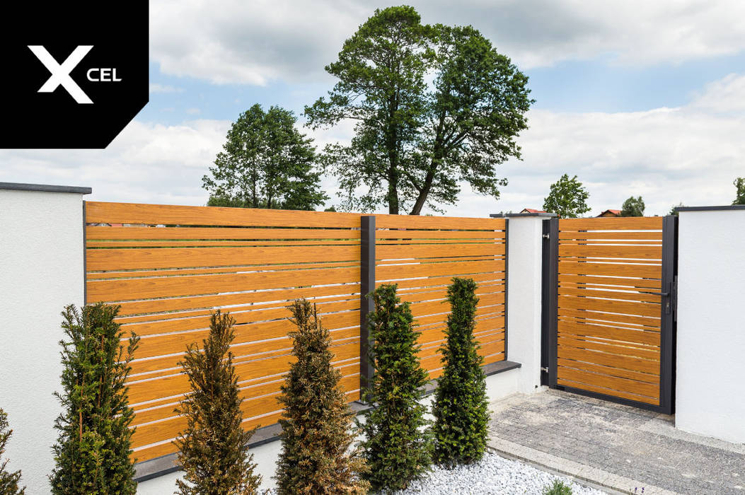 Nowoczesne ogrodzenie drewnopodobne XCEL Fence Podwórko furtka, ogrodzenie, płot, ogrodzenie aluminiowe, ogrodzenie drewnopodobne