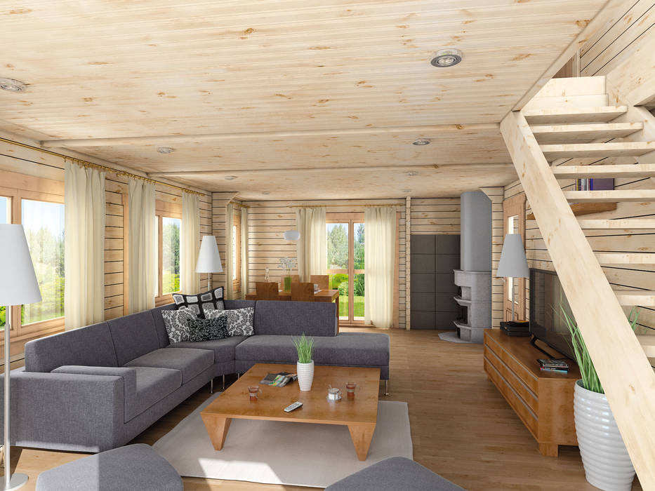 Innenansicht Wohnzimmer THULE Blockhaus GmbH - Ihr Fertigbausatz für ein Holzhaus Rustikale Wohnzimmer Holz Holznachbildung