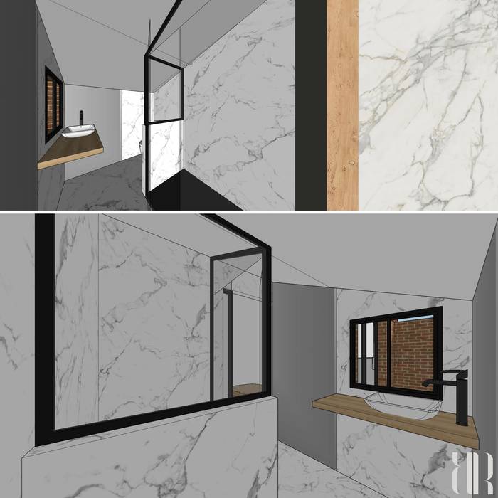 Baño pequeño en color blanco, negro y madera. baños de estilo moderno