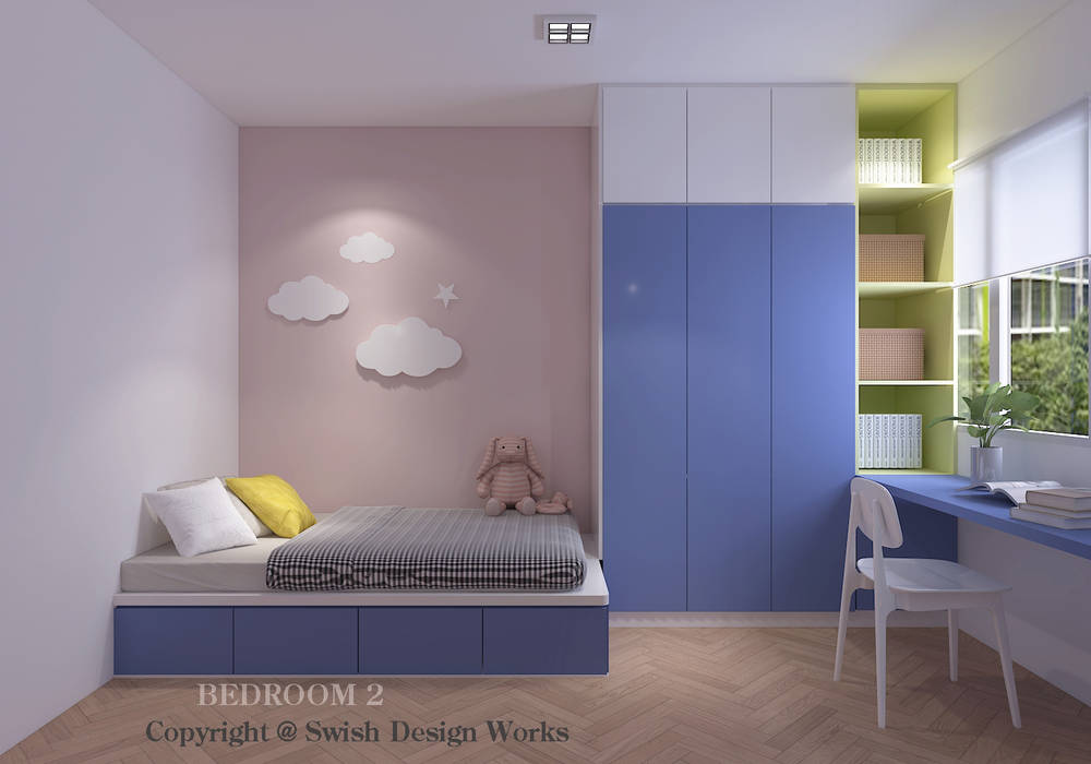 Children's bedroom Swish Design Works Small bedroom Plywood platform bed, storage, wardrobe, blue, brown, clouds, children, bedroom