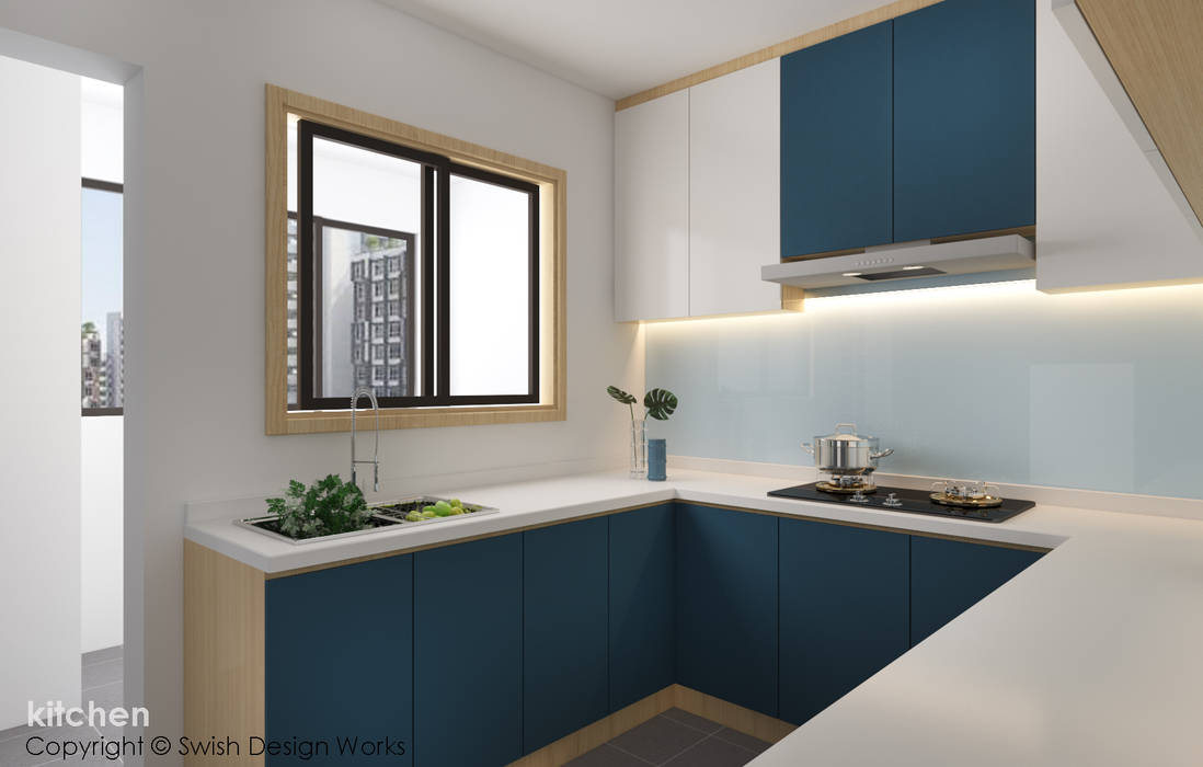 Kitchen cabinets Swish Design Works Built-in kitchens Plywood kitchen, cabinets, backsplash, turqoise, white, woodgrain, blue, quartz