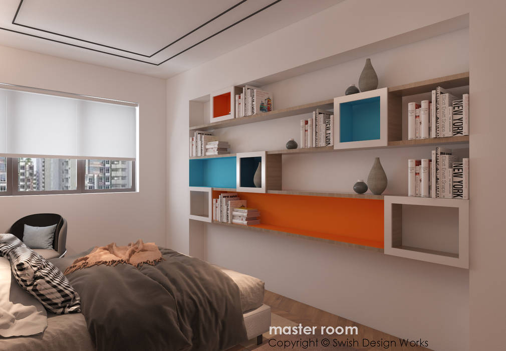 Bedroom display shelves Swish Design Works Small bedroom Plywood bedroom, display, shelves, orange, woodgrain, blue, warm