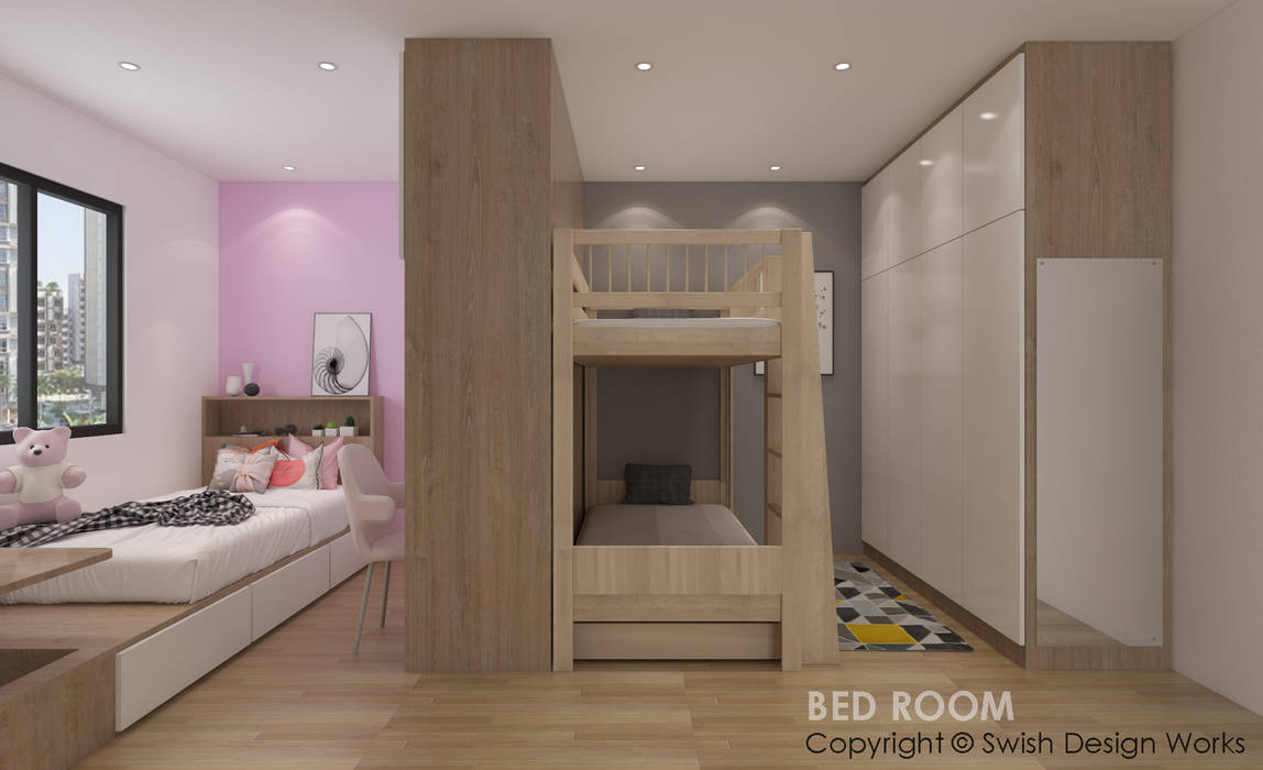 Children's bedroom Swish Design Works Small bedroom Plywood children, bedroom, double decker bed, wardrobe, partition, vinyl, hdb, resale