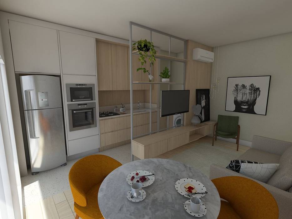 Cozinha e Living integrado Plurale Arquitetura Salas de estar escandinavas