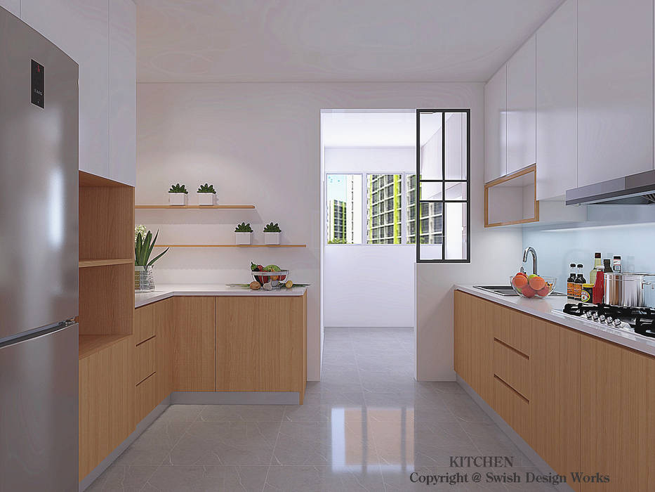 Kitchen option 2 Swish Design Works Built-in kitchens Plywood kitchen, cabinets, quartz, sink, shelves, hdb