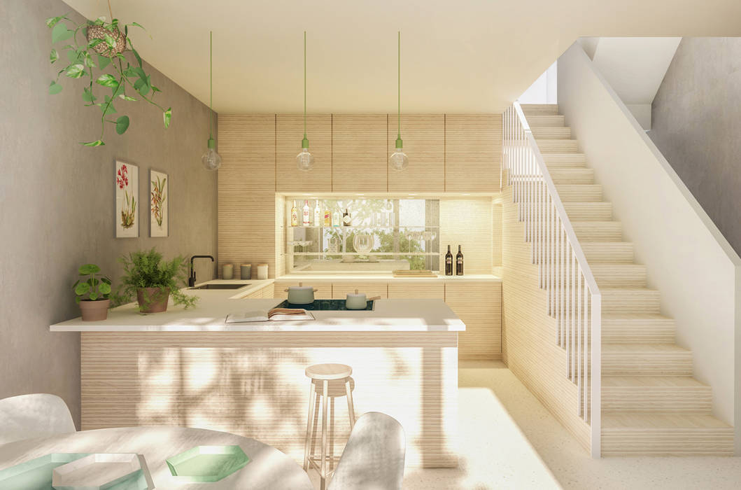 Keuken met geïntegreerde trap, stadswoning Bergblick interieurarchitectuur Inbouwkeukens