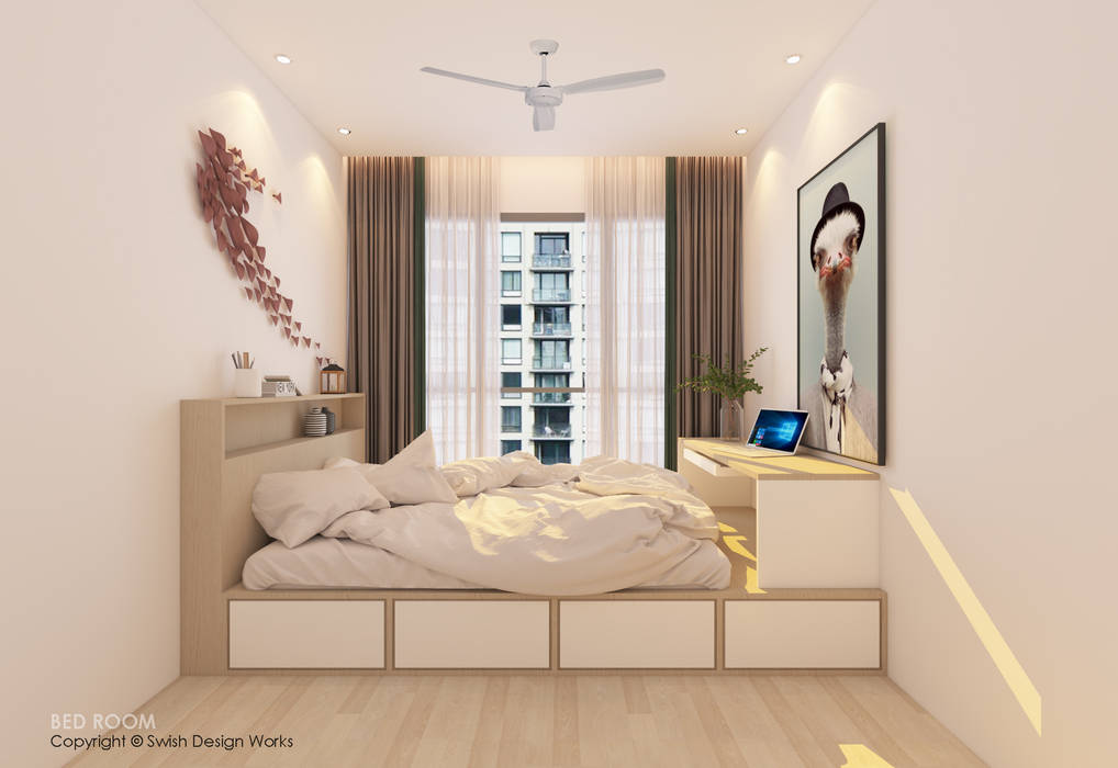 Bedroom Swish Design Works Small bedroom Plywood bedroom, platform, bed, storage, woodgrain, white, simple, study table, condominium