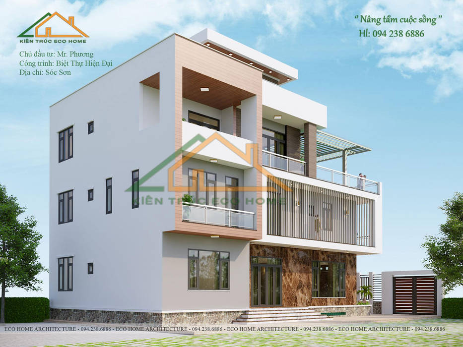 BIỆT THỰ HIỆN ĐẠI 3 TẦNG ĐẸP TẠI SÓC SƠN, Công ty CP kiến trúc và xây dựng Eco Home Công ty CP kiến trúc và xây dựng Eco Home