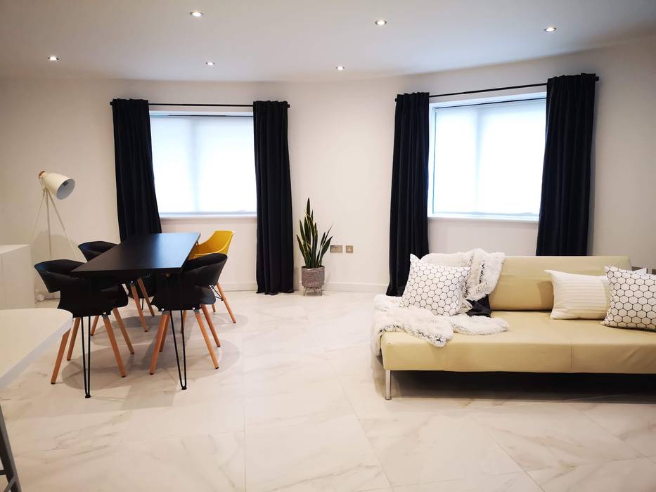 Open plan living THE FRESH INTERIOR COMPANY Modern Living Room Marble Dulux pure white & Urban Obsession mustard accessories Ikea curtains marble tiled floor open plan living ikea Besta