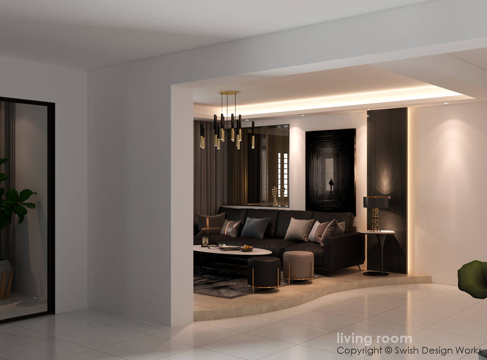 Living Area Swish Design Works Classic style living room living room, platform, dark theme, sofa, pendant light, covelight, L-box