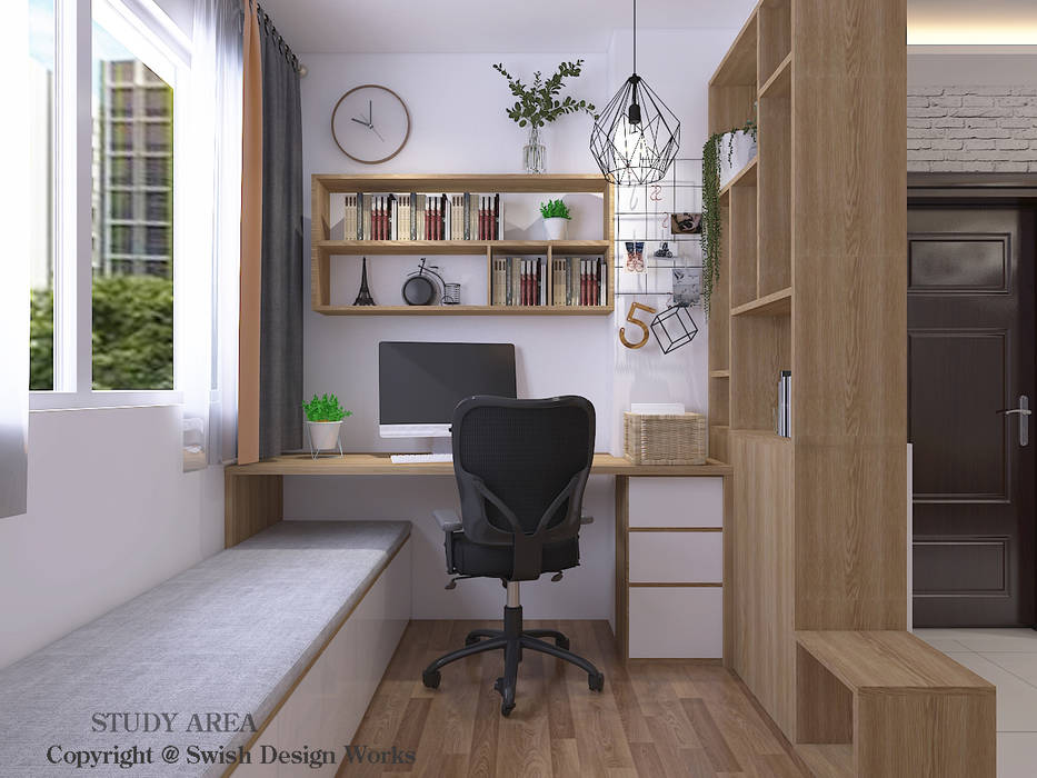 Study Area Swish Design Works Scandinavian style study/office Plywood study, settee, work desk, open shelves, woodgrain, platform, hdb, resale