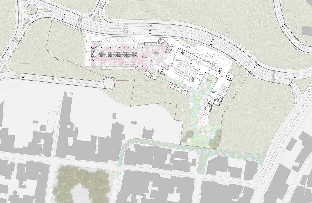 Planta del conjunto del Mercado Municipal en conexión con el Pueblo El Hatillo OMAR SEIJAS, ARQUITECTO Espacios comerciales Planta de conjunto del Mercado Municipal,Espacios comerciales