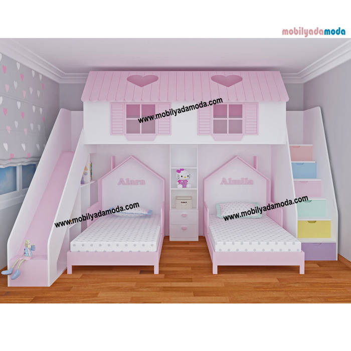 Mobi̇lyada moda i̇ki kardeş i̇çin kaydıraklı çocuk oyun yatak odası