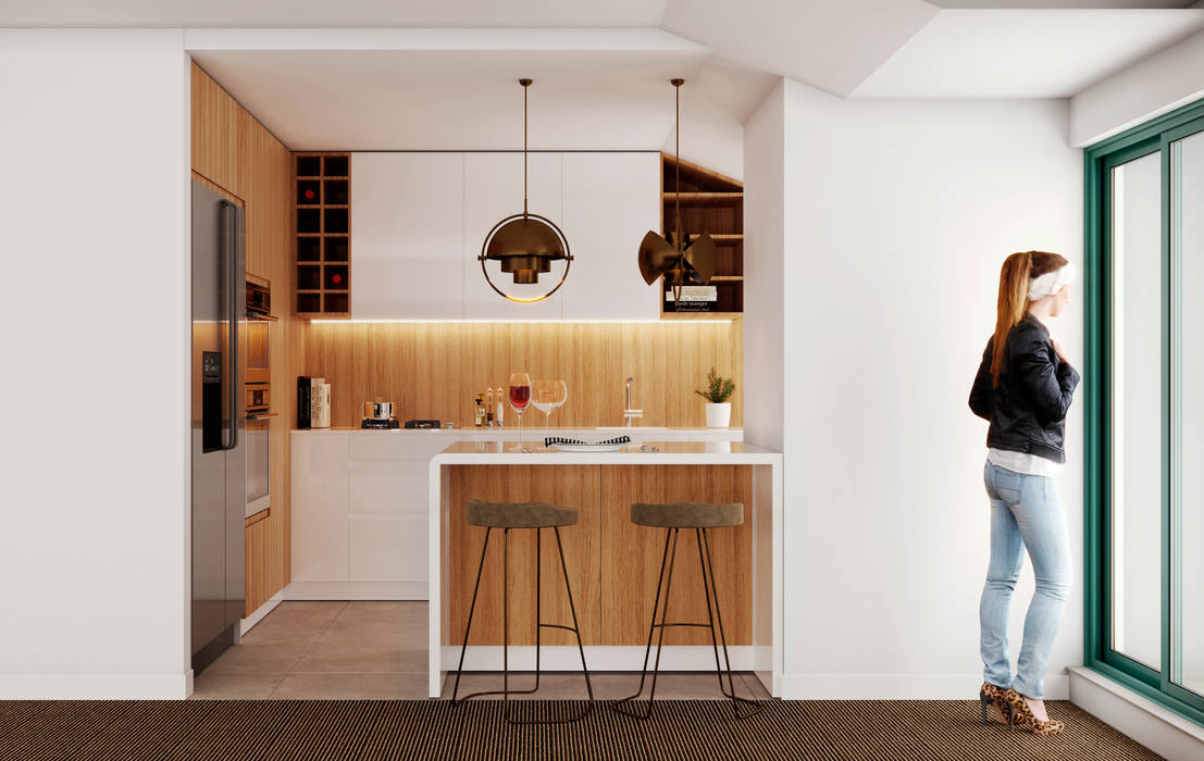 Projeto 3D para remodelação de cozinha UPFLAT Cozinhas embutidas Cozinha open space, lacados, madeiras