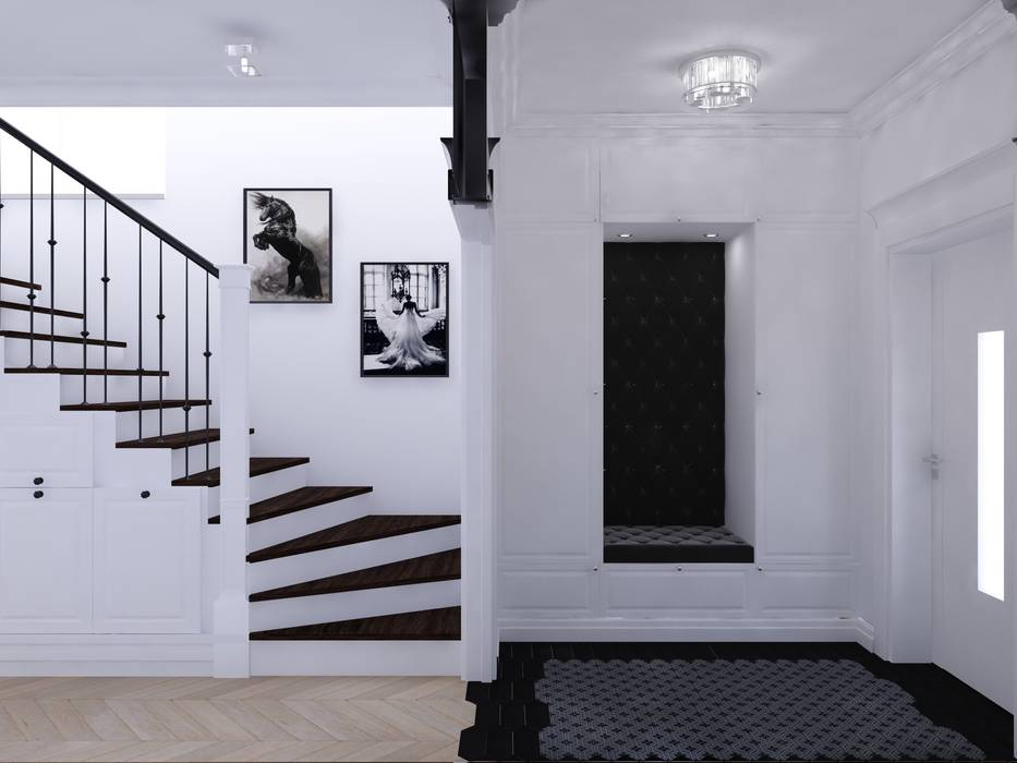 Projekt apartamentu w stylu nowojorskim OKFORM Projektowanie wnętrz Klasyczny korytarz, przedpokój i schody Srebro/Złoto przedpokój, nowojorski , Hampton , klasyczny , czarny , biały , szary , glamour