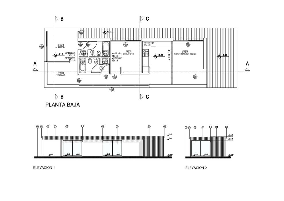 CASA ROCA | Plano y cortes REZ Arquitectura | Diseño | Construcción Casas unifamiliares containers, reciclado, reforma, proyecto, obra nueva, construccion, materiales, chapa, madera, estilo industrial, hormigón, diseño de interiores, diseñadores de interiores, arquitectos en argentina, ingeniería, ingenieros en argentina